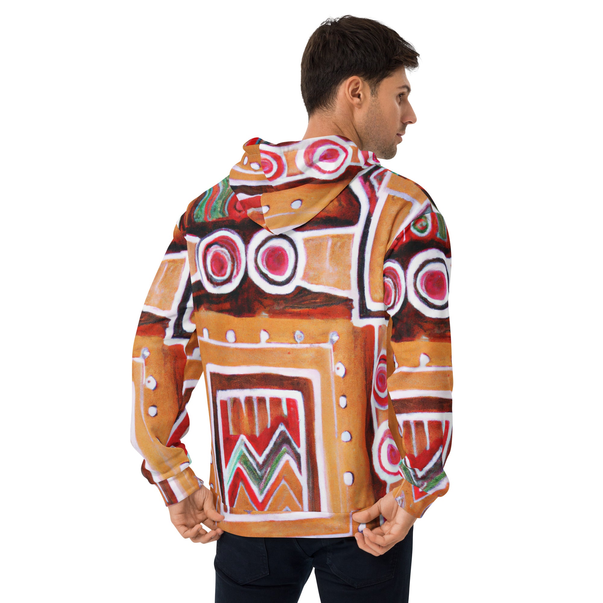 Mens Graphic Hoodie in Brown, Orange, and Green with Aztec Pattern, showcasing a stylish design and comfortable fit.