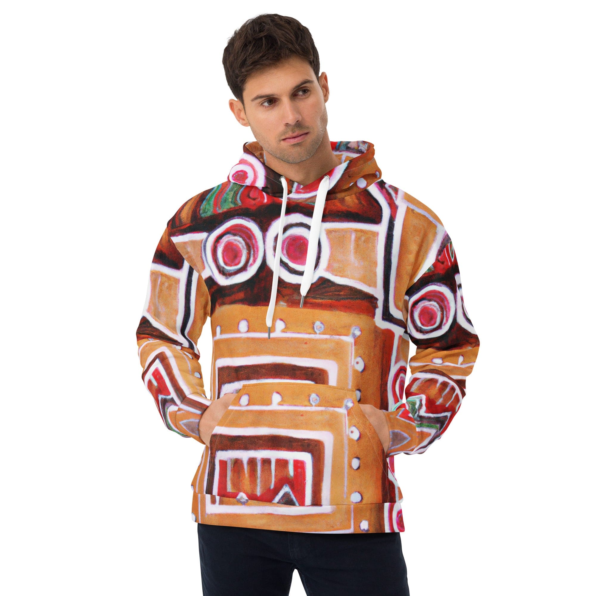 Mens Graphic Hoodie in Brown, Orange, and Green with Aztec Pattern, showcasing a stylish design and comfortable fit.