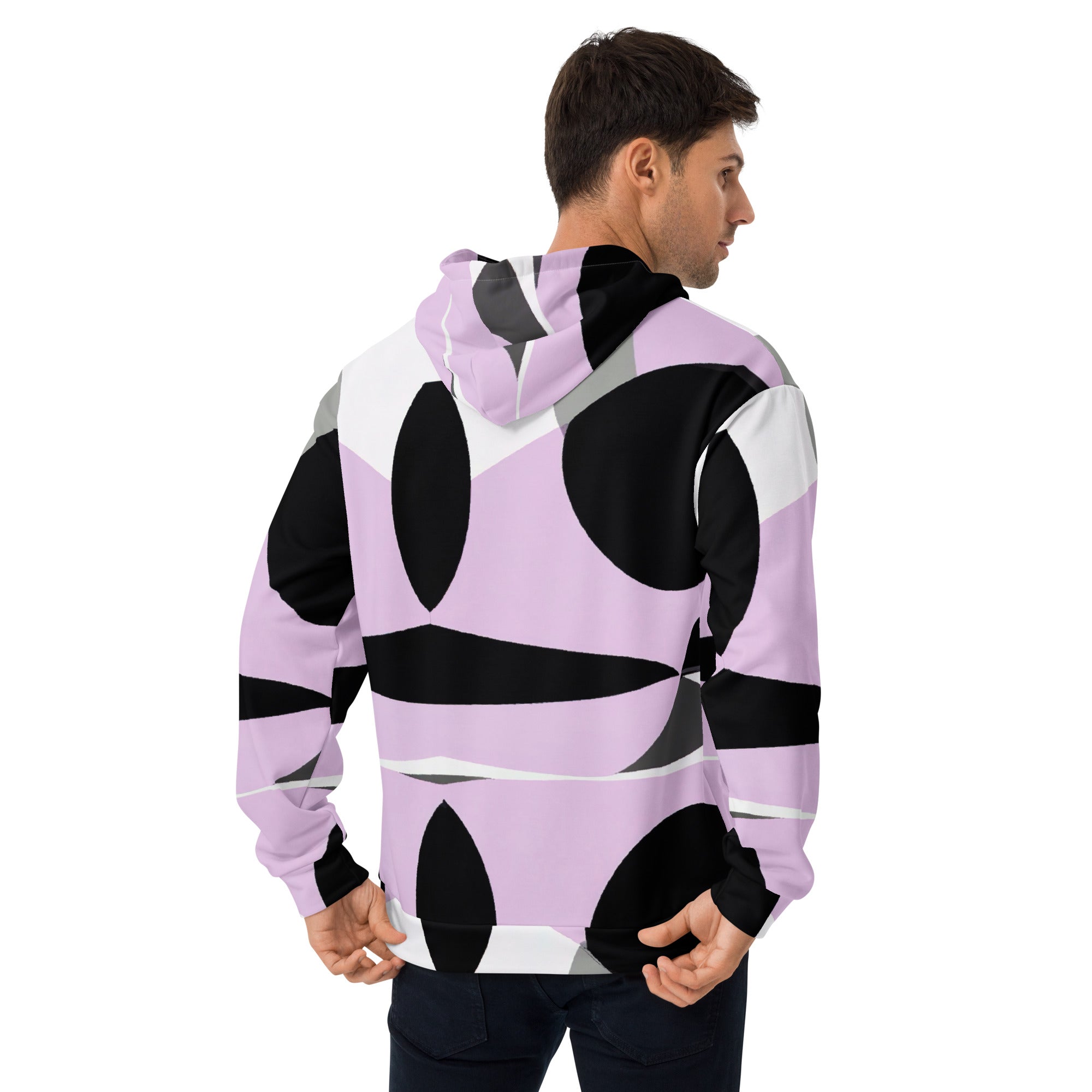 Men's Graphic Hoodie featuring a geometric lavender and black pattern, showcasing a stylish design with a comfortable fit.