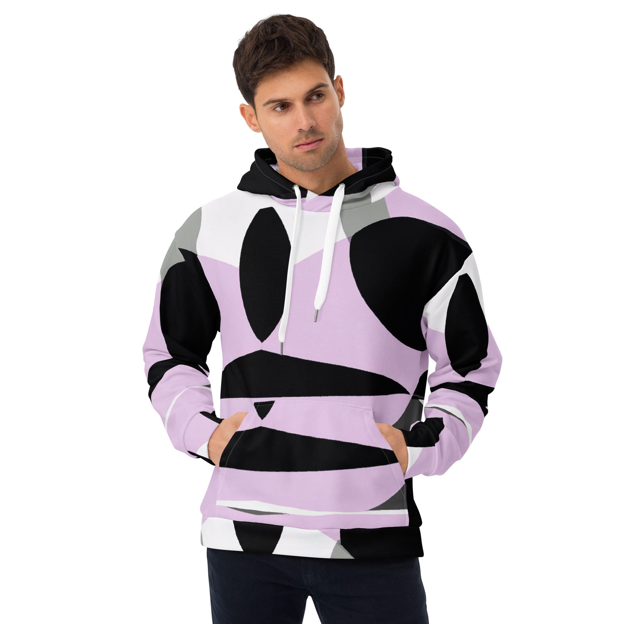Men's Graphic Hoodie featuring a geometric lavender and black pattern, showcasing a stylish design with a comfortable fit.