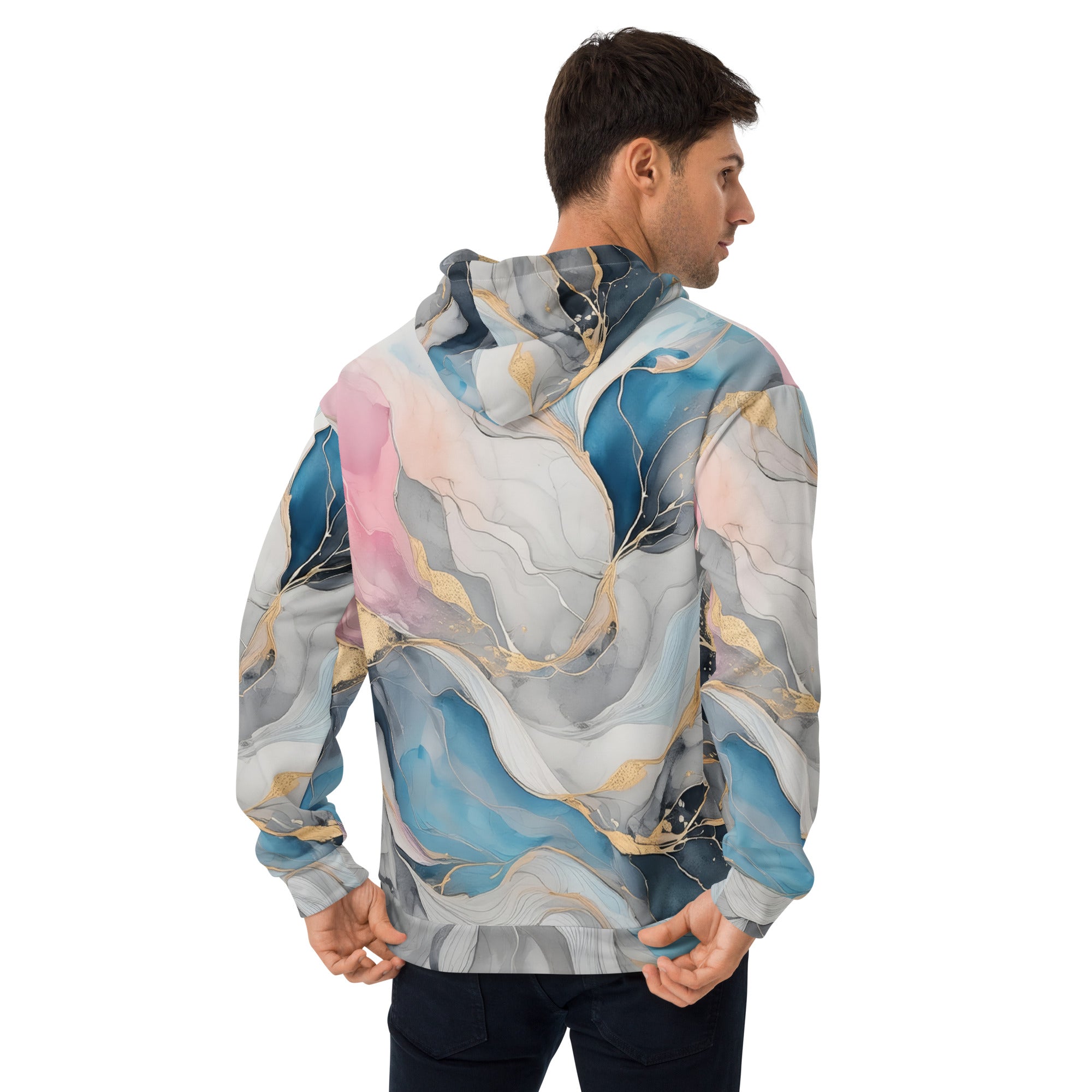 Mens Graphic Hoodie featuring a marble cloud design in grey, pink, and blue, showcasing a stylish and comfortable fit with a double-lined hood.
