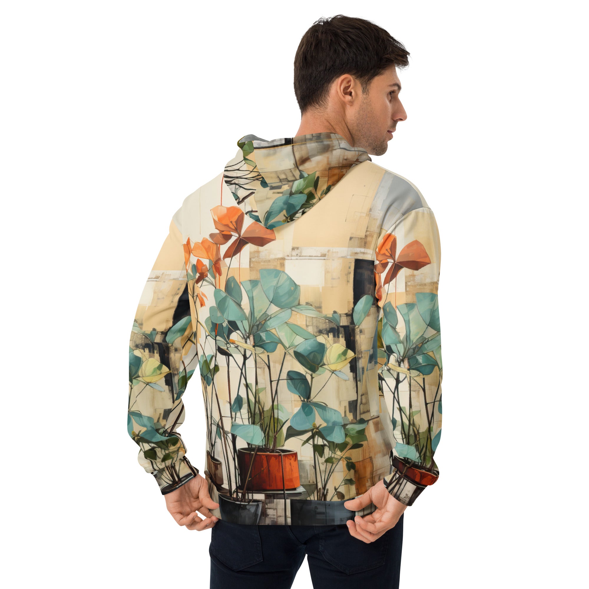 Men's Graphic Hoodie featuring a rustic botanical plants design, showcasing vibrant colors and a comfortable fit with a double-lined hood.