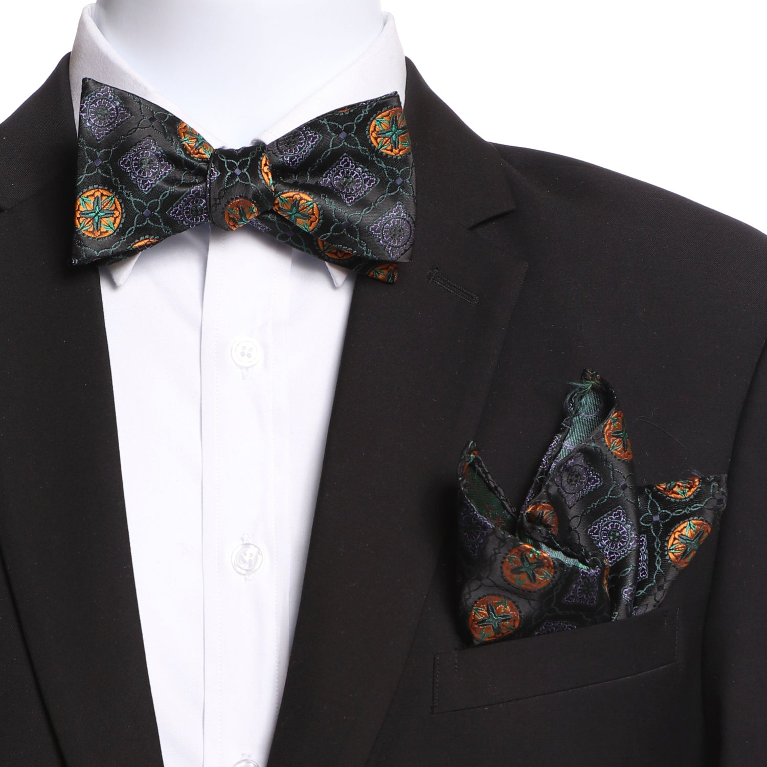 Men's Green and Black Silk Self Bow Tie with matching handkerchief in an elegant gift box.