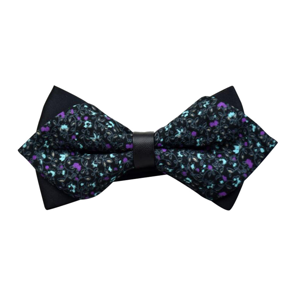 Men's Green Purple Floral Pre-Tied Bow Tie made from 100% cotton, featuring an elegant floral pattern, perfect for formal occasions.