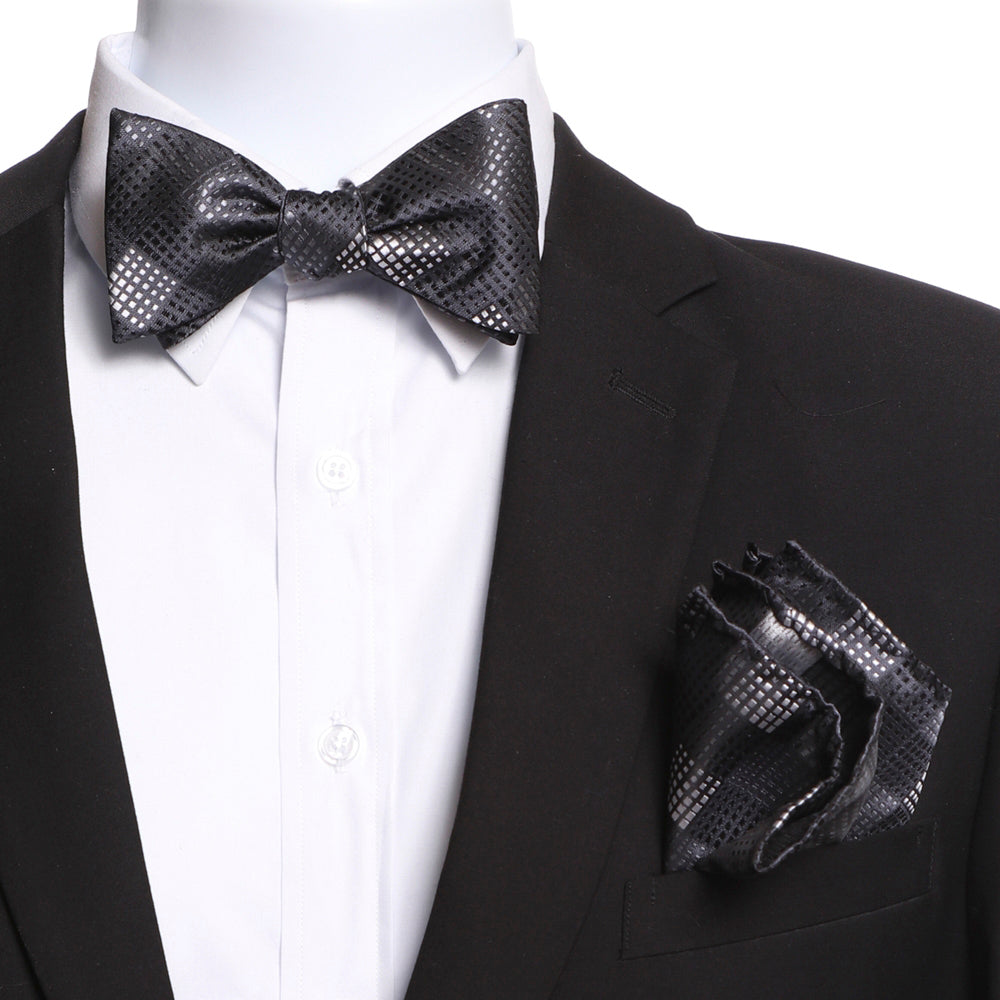 Amedeo Men's Grey and Black Self Bow Tie with matching Handkerchief, elegantly displayed in a gift box.