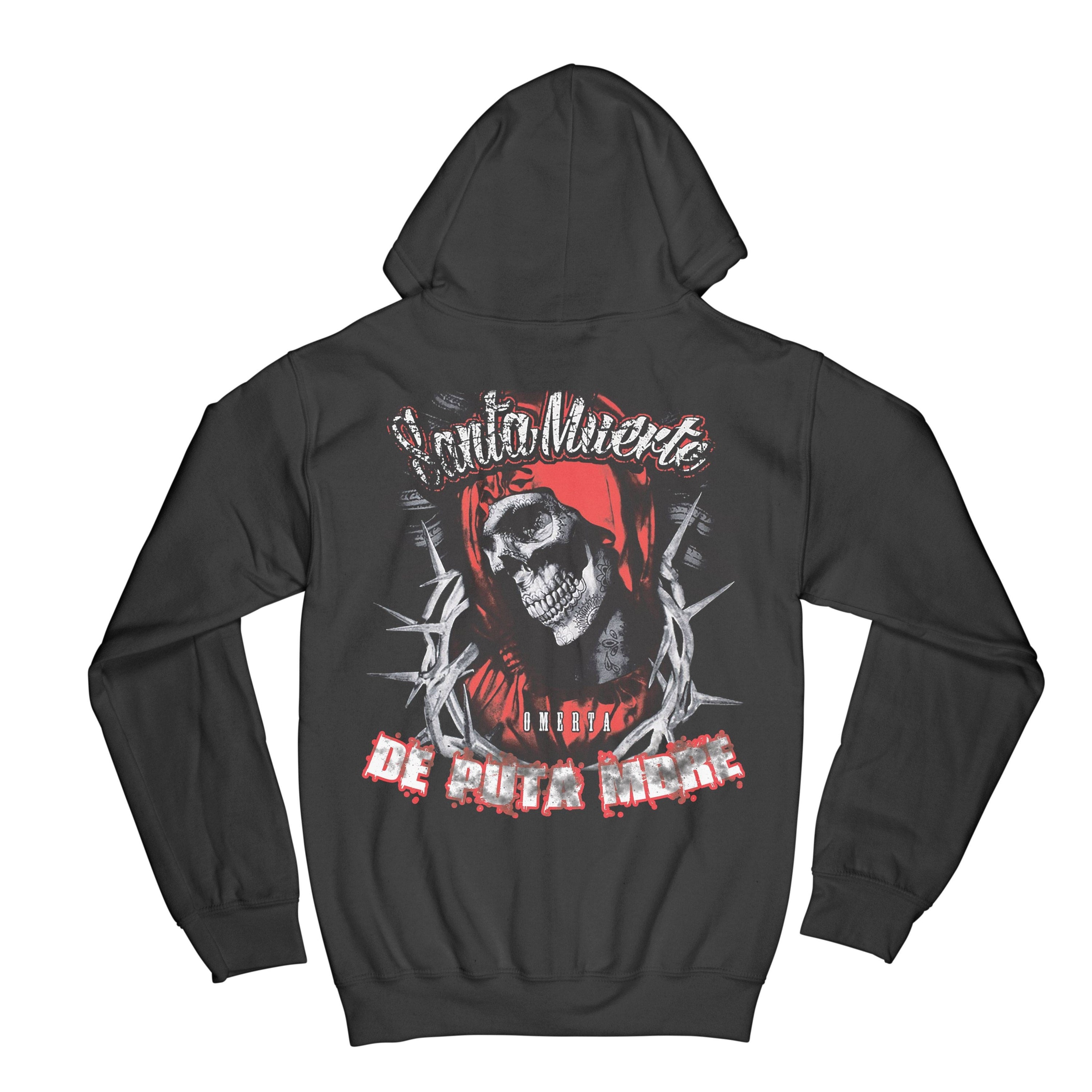 Men's zip hoodie featuring Santa Muerte MMA design, showcasing high-quality print and stylish urban fashion.