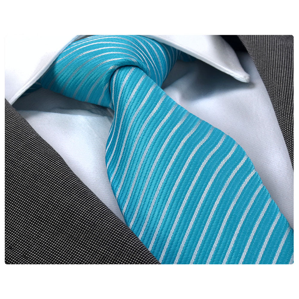 Men's jacquard turquoise blue necktie with white lines, elegantly packaged in a gift box, showcasing premium silk craftsmanship.