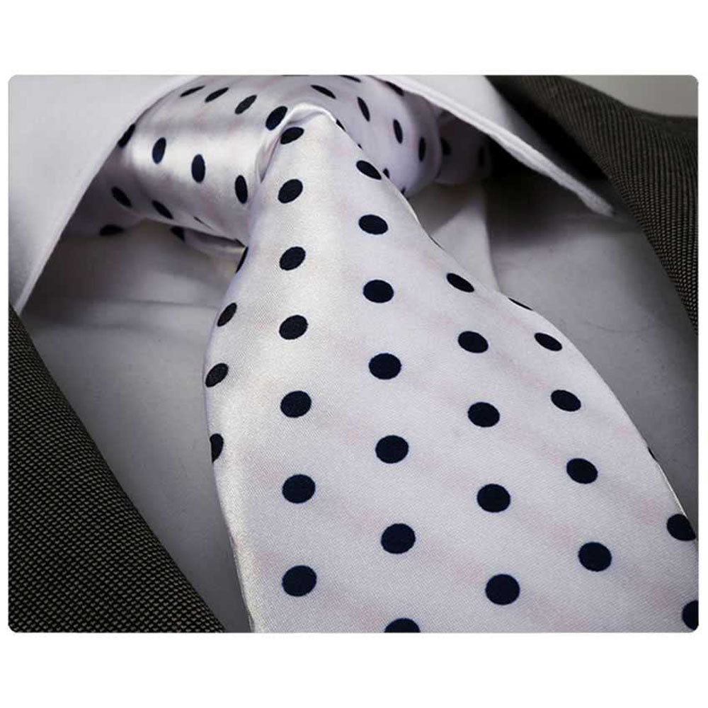 Men's premium necktie featuring a white background with black polka dots, elegantly packaged in a gift box.