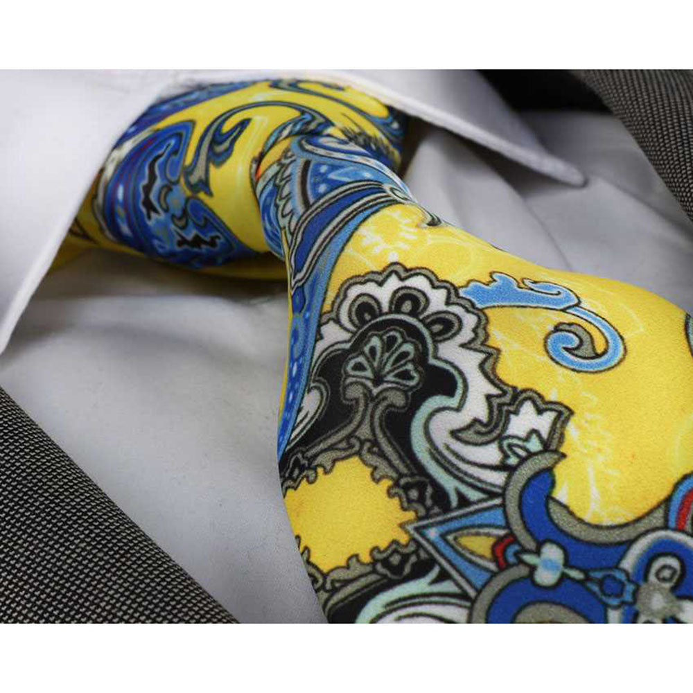 Men's Jacquard Yellow Blue Paisley Premium Neck Tie displayed elegantly in a gift box, showcasing its luxurious silk fabric and intricate design.