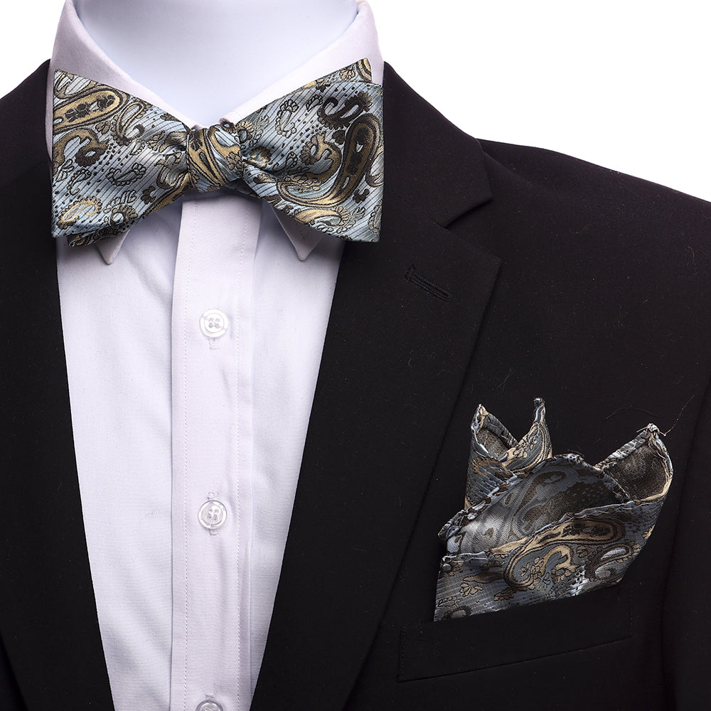 Men's light blue and gold silk self bow tie with matching handkerchief in an elegant gift box.