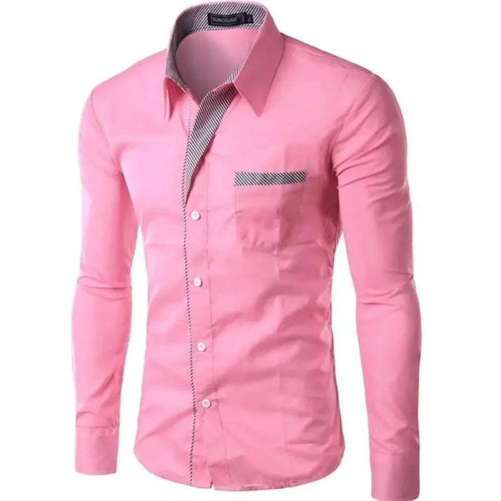 Men's Long Sleeve Button Front Shirt featuring unique collar details, available in various colors and sizes.