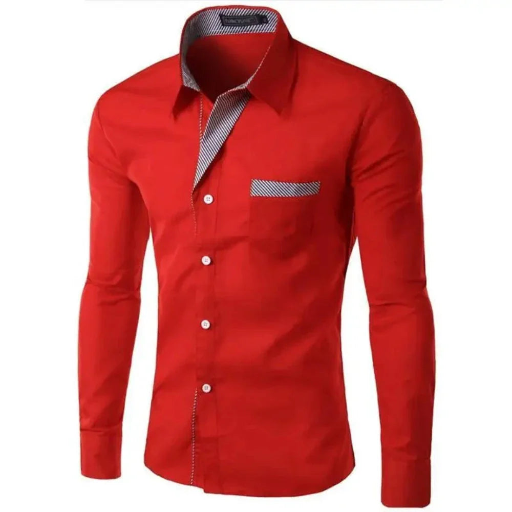 Men's Long Sleeve Button Front Shirt featuring unique collar details, available in various colors and sizes.