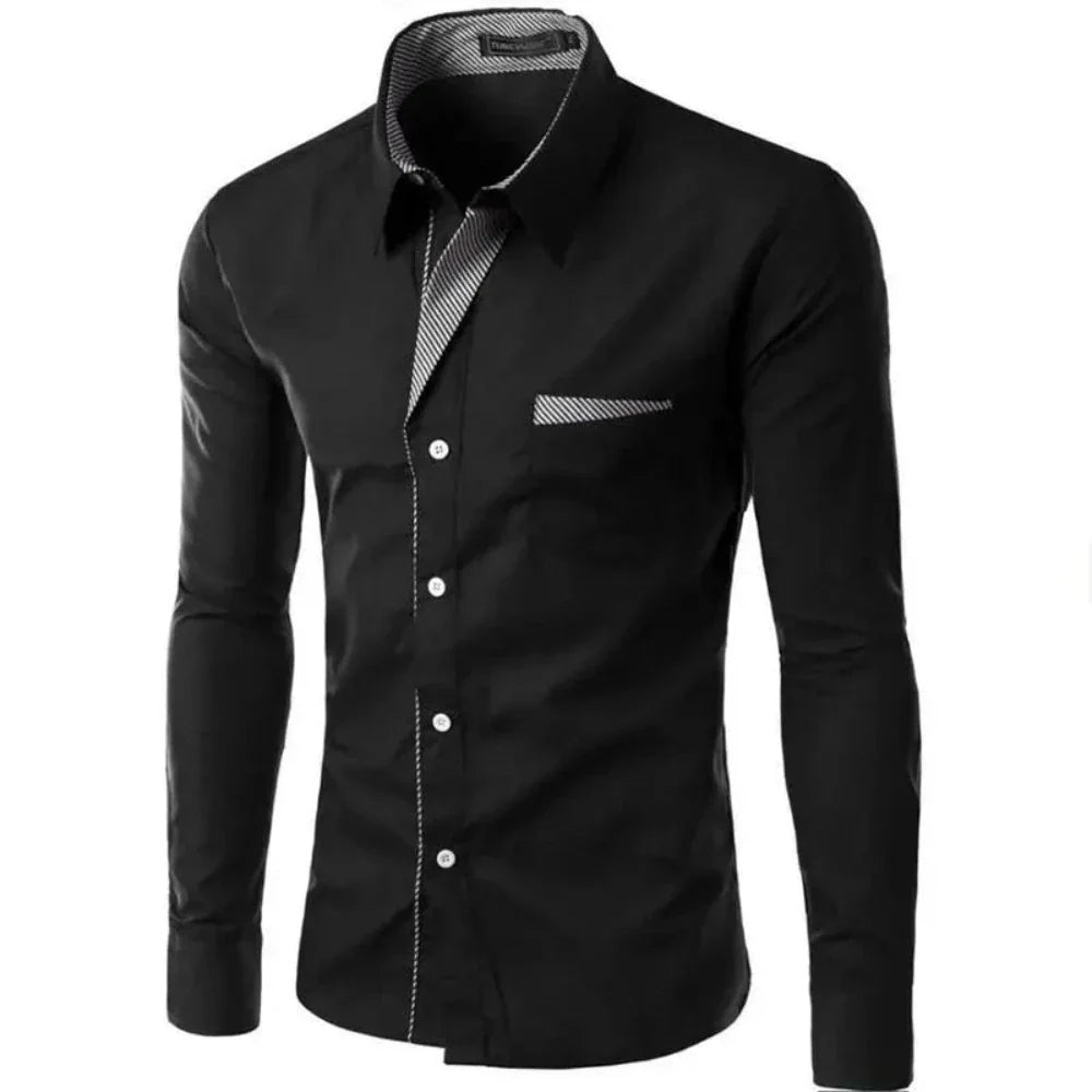 Men's Long Sleeve Button Front Shirt featuring unique collar details, available in various colors and sizes.