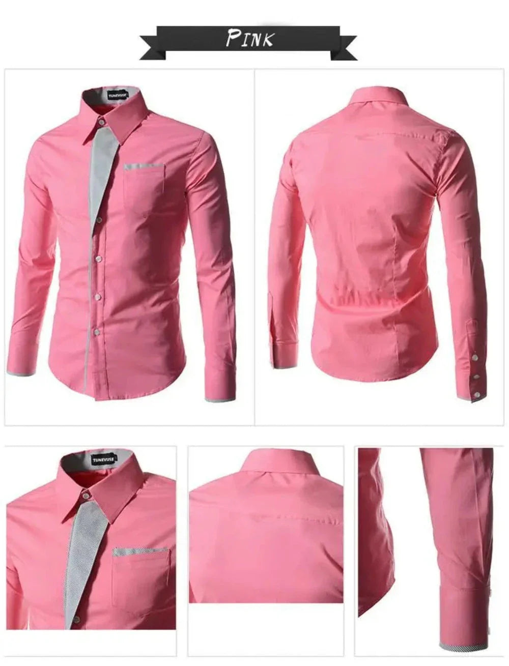 Men's Long Sleeve Button Front Shirt featuring unique collar details, available in various colors and sizes.