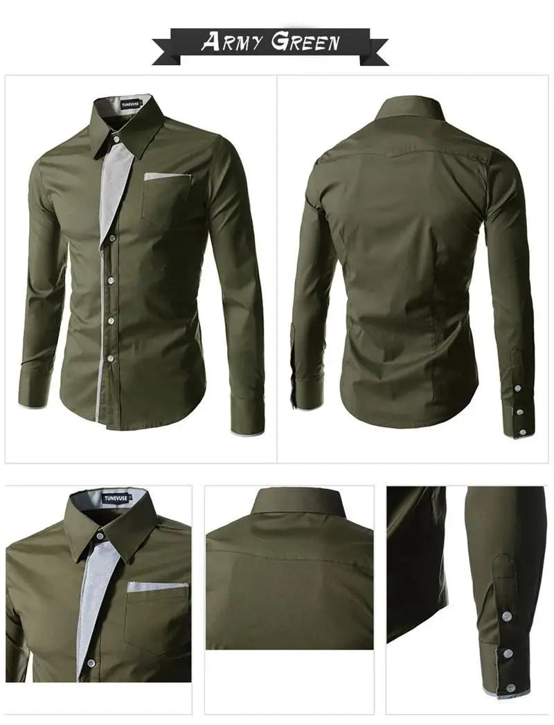 Men's Long Sleeve Button Front Shirt featuring unique collar details, available in various colors and sizes.