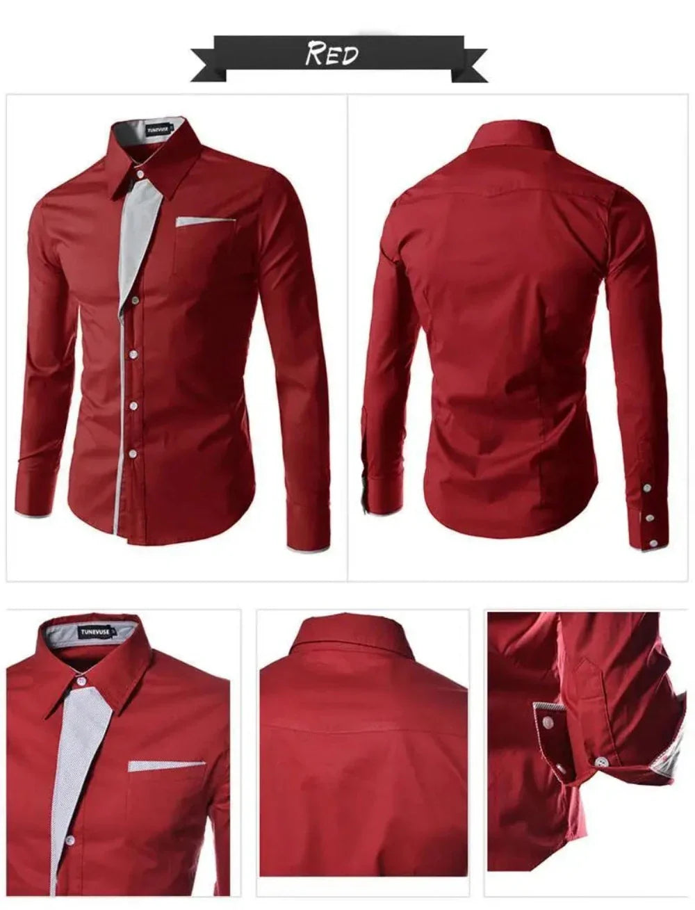 Men's Long Sleeve Button Front Shirt featuring unique collar details, available in various colors and sizes.
