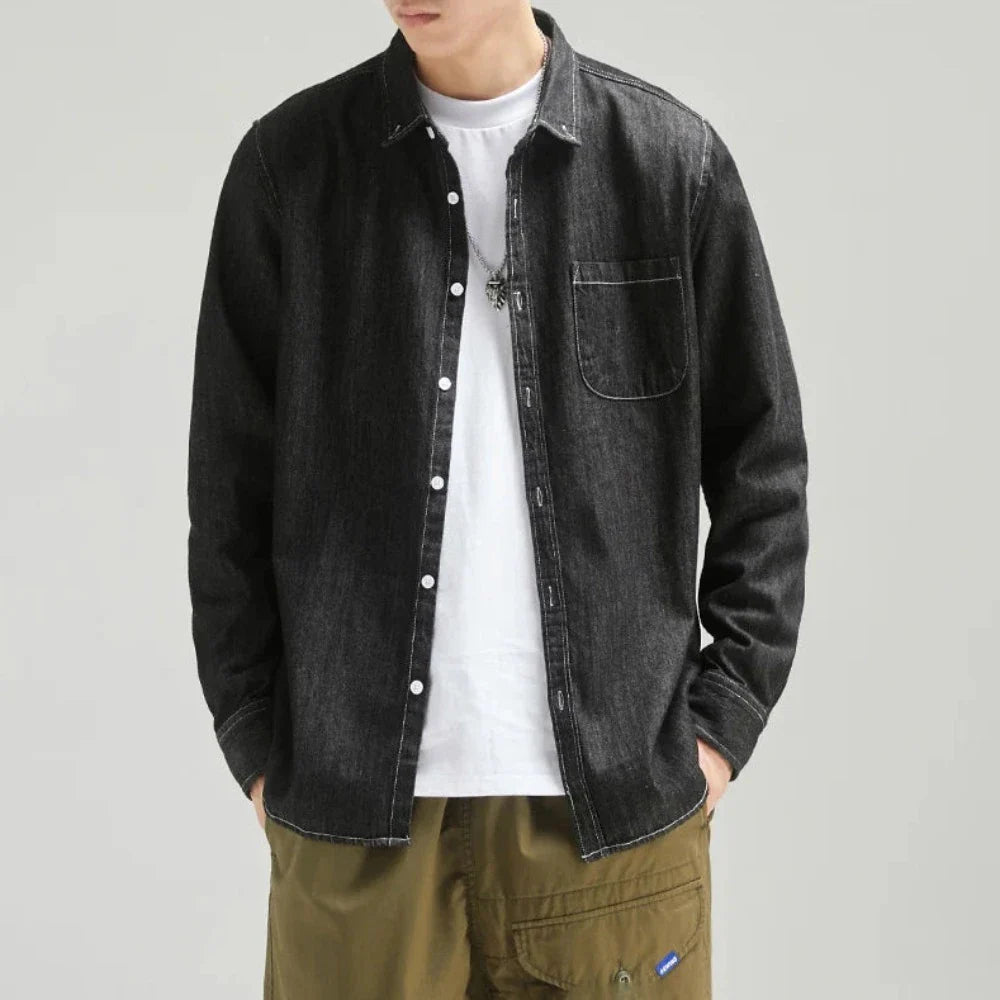 Men's Long Sleeve Denim Shirt in light blue with a chest pocket, showcasing a classic button-down design.