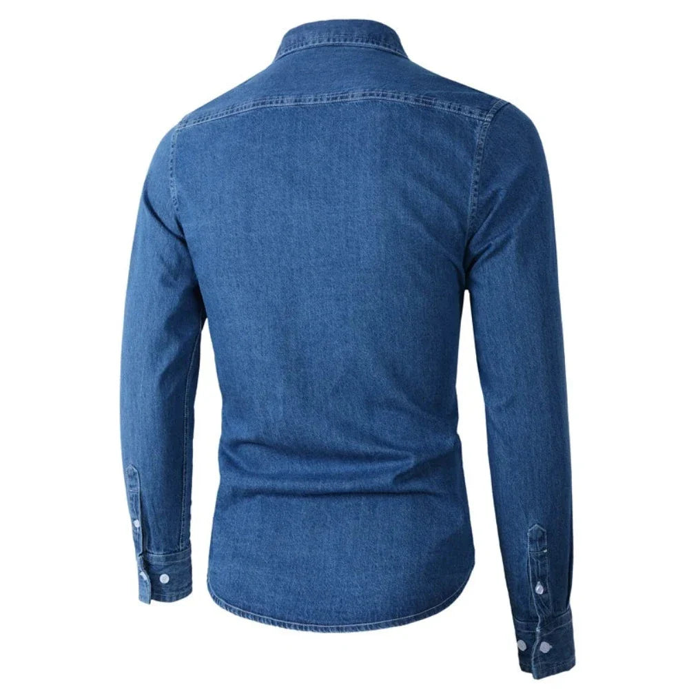 Men's Long Sleeve Denim Shirt in light blue with a chest pocket, showcasing a classic button-down design.
