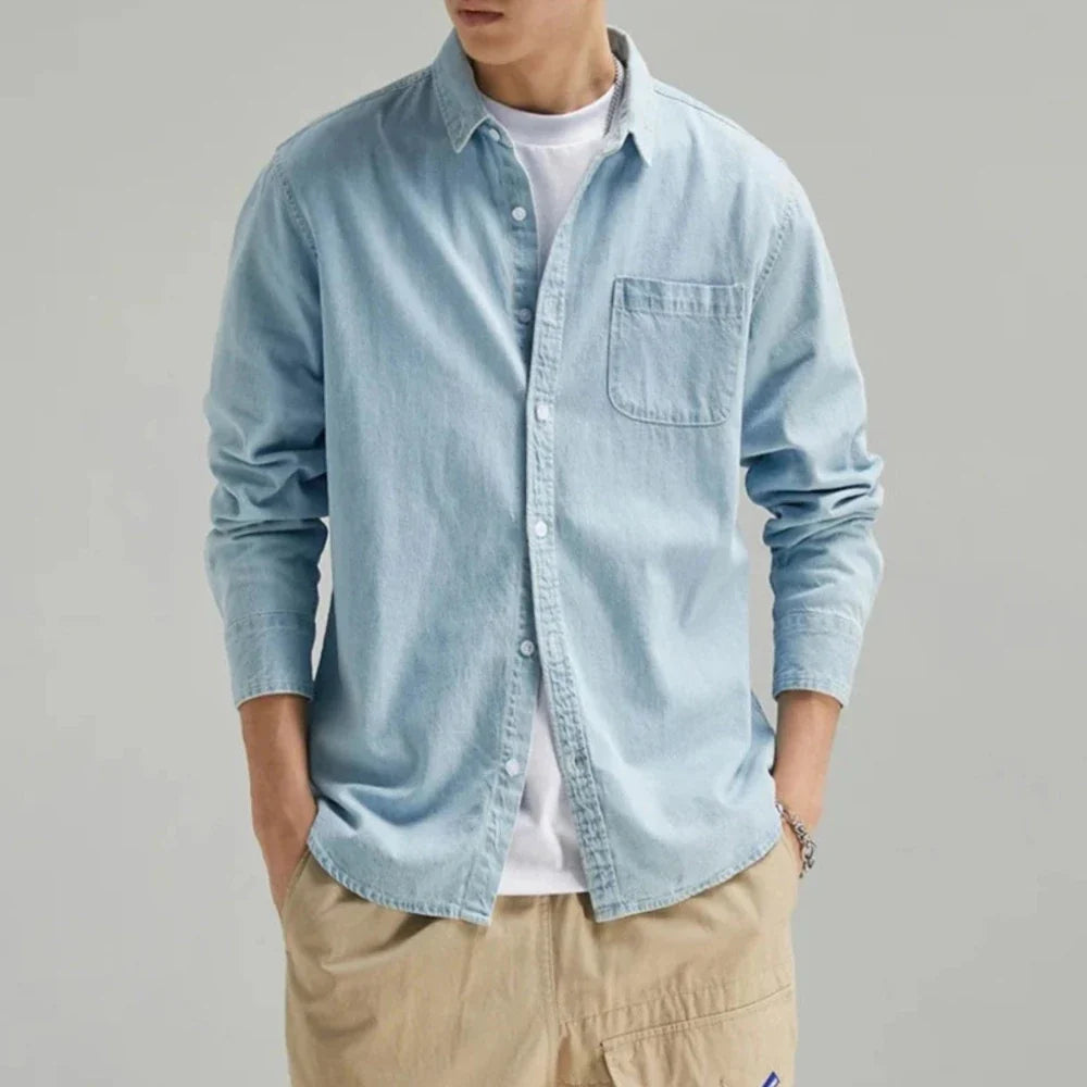 Men's Long Sleeve Denim Shirt in light blue with a chest pocket, showcasing a classic button-down design.