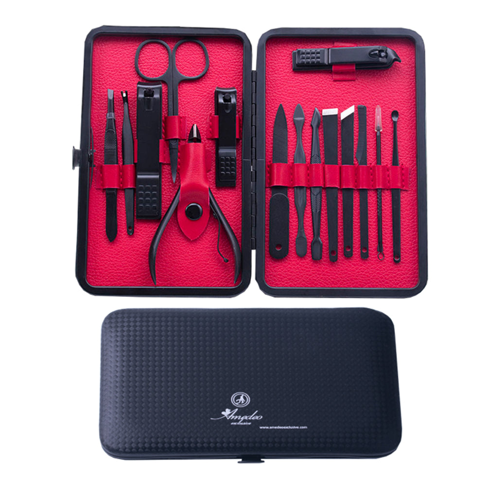 Men's Manicure Pedicure Kit featuring 15 stainless steel grooming tools in a stylish PU leather case, ideal for travel and home use.