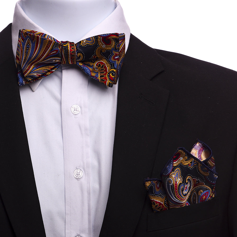 Amedeo Men's Multi Color Paisley Jacquard Woven Italian Silk Self Bow Tie with matching handkerchief in an elegant gift box.