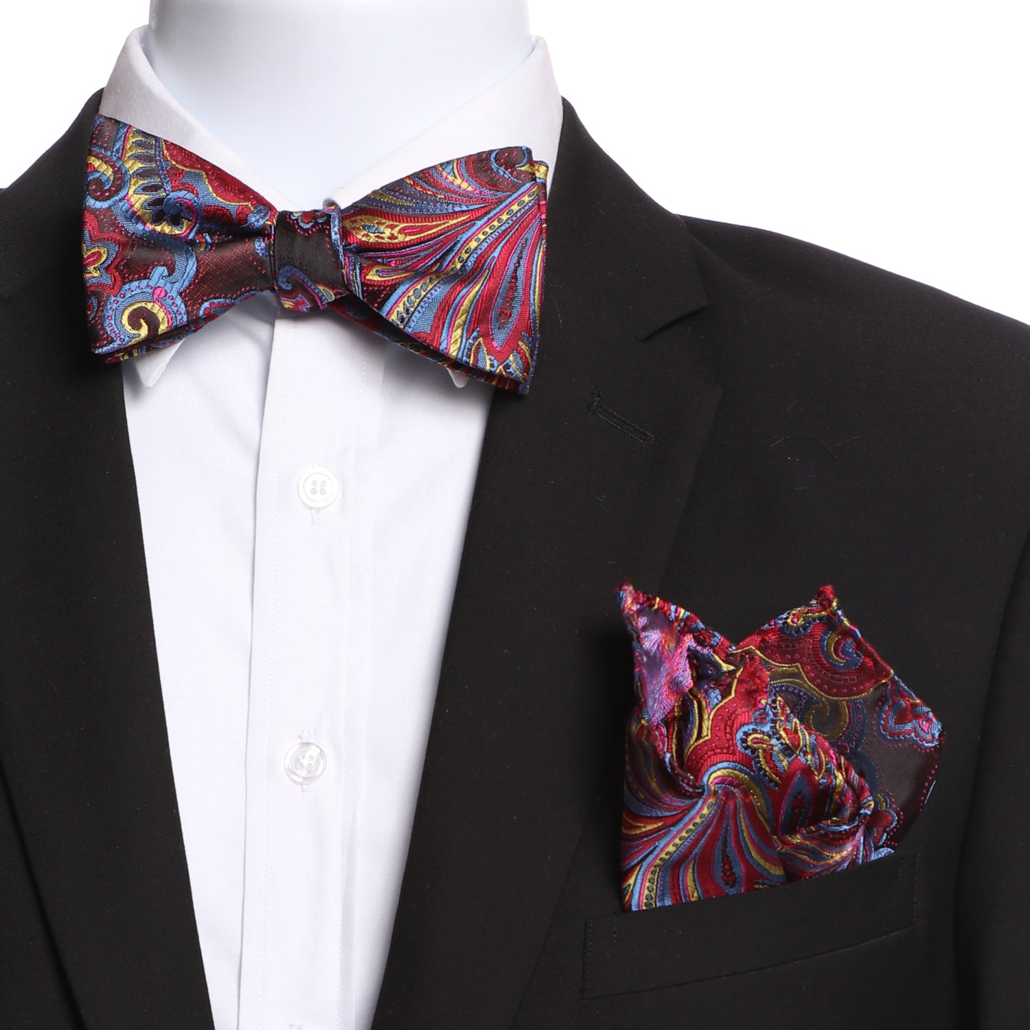 Amedeo's Men's Multi Color Paisley Silk Self Bow Tie with matching handkerchief, elegantly displayed in a gift box.
