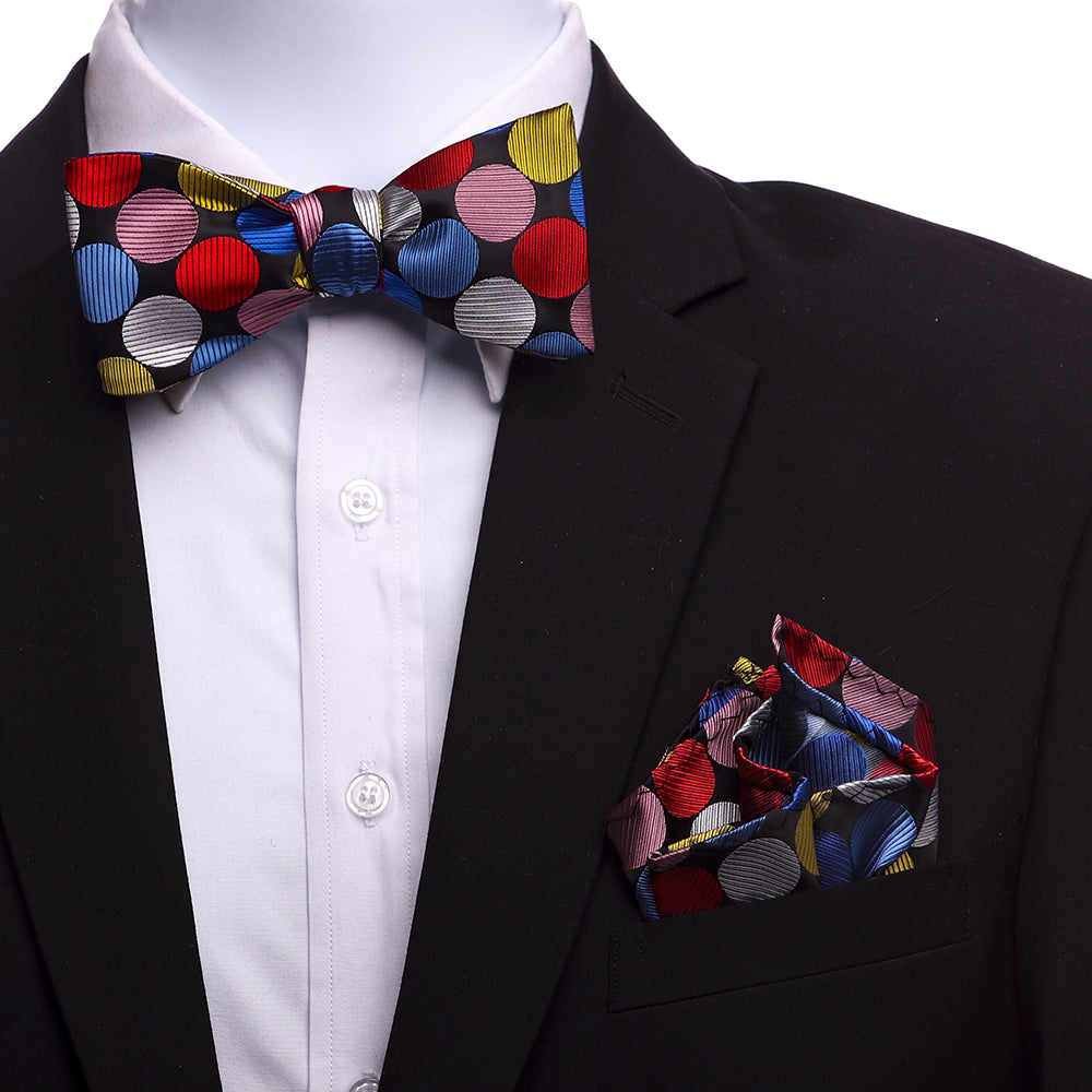 Men's Multi Color Polka Dots Self Bow Tie with matching handkerchief in an elegant gift box.