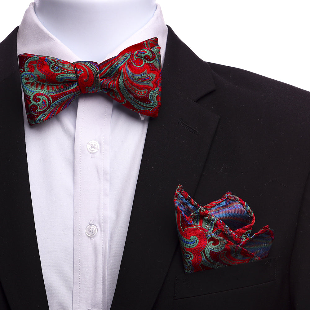 Men's Multi Red and Green Silk Self Bow Tie with matching handkerchief, elegantly crafted from Italian silk, displayed in a gift box.