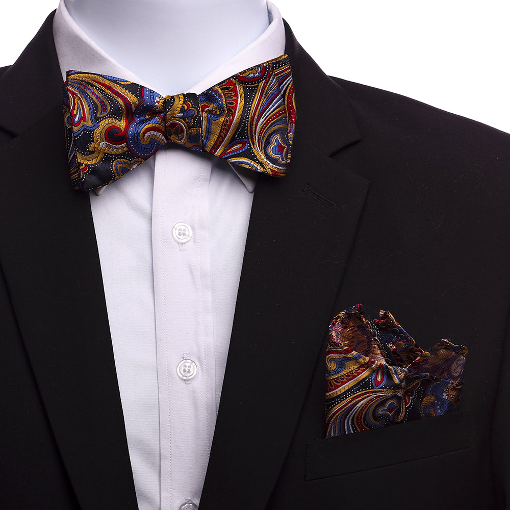 Men's Navy Blue Bronze Plaid Self Bow Tie with matching handkerchief in an elegant gift box.