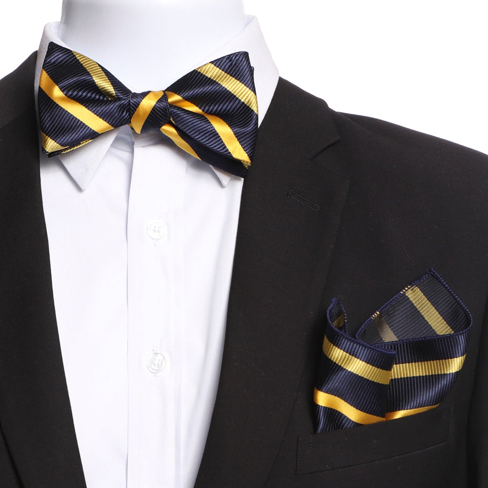 Amedeo's Men's Navy Blue & Yellow Self Bow Tie displayed elegantly with matching handkerchief in a gift box.