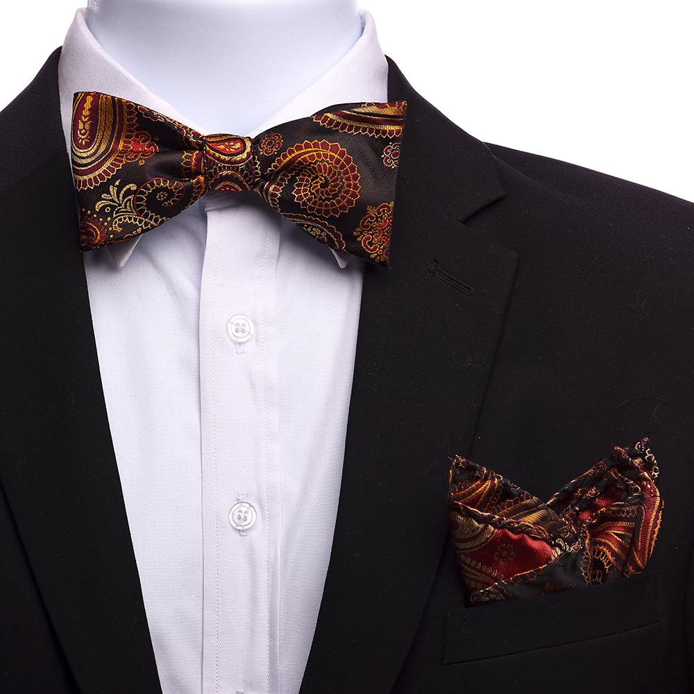 Amedeo's Men's Orange & Brown Silk Self Bow Tie with matching handkerchief in an elegant gift box.