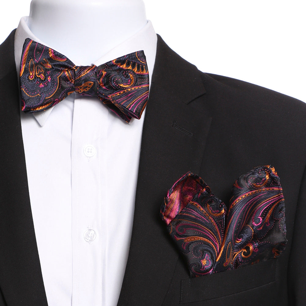 Amedeo Men's Orange, Pink & Black Self Bow Tie with matching handkerchief in an elegant gift box.