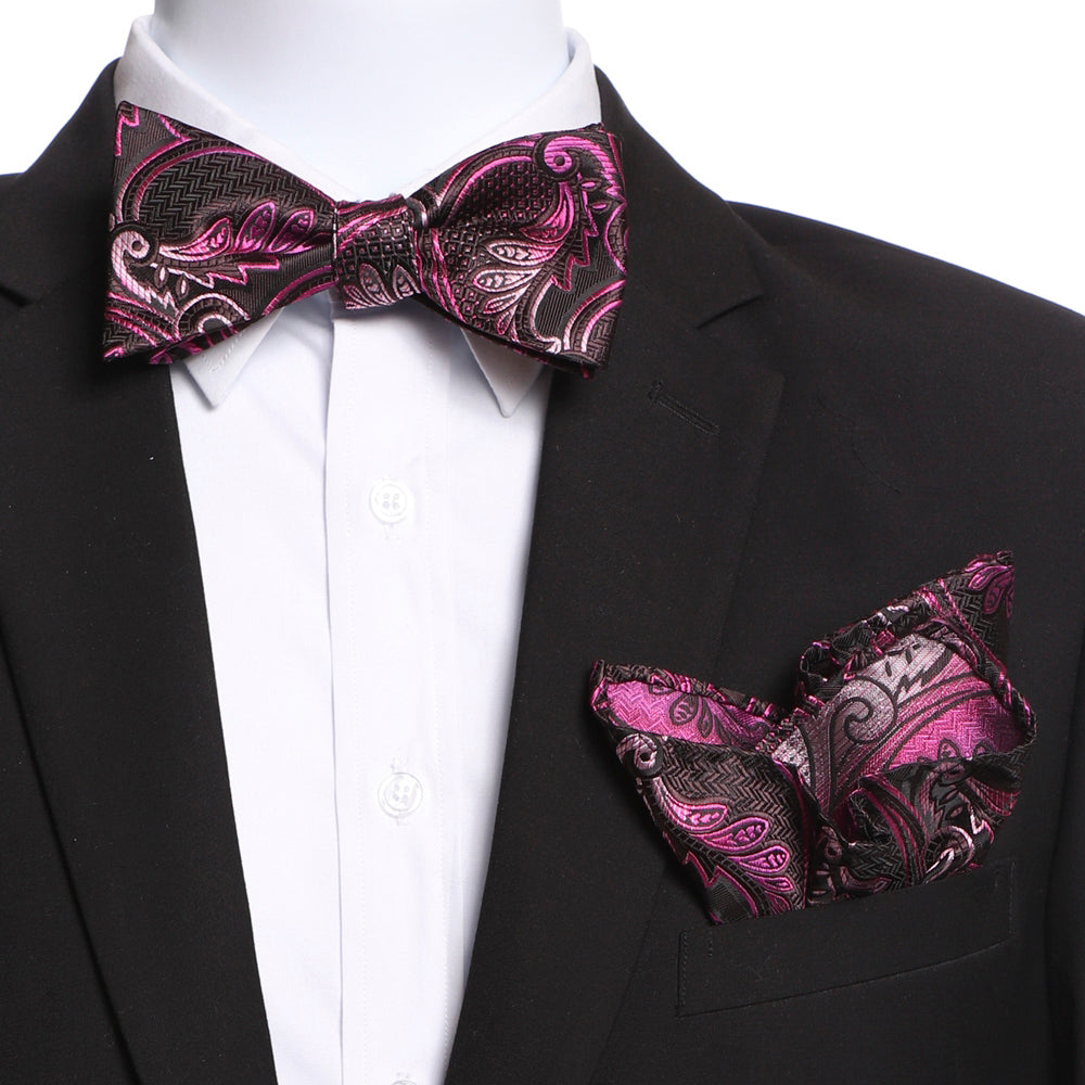 Amedeo's Men's Pink & Black Self Bow Tie with matching handkerchief, elegantly displayed in a gift box.