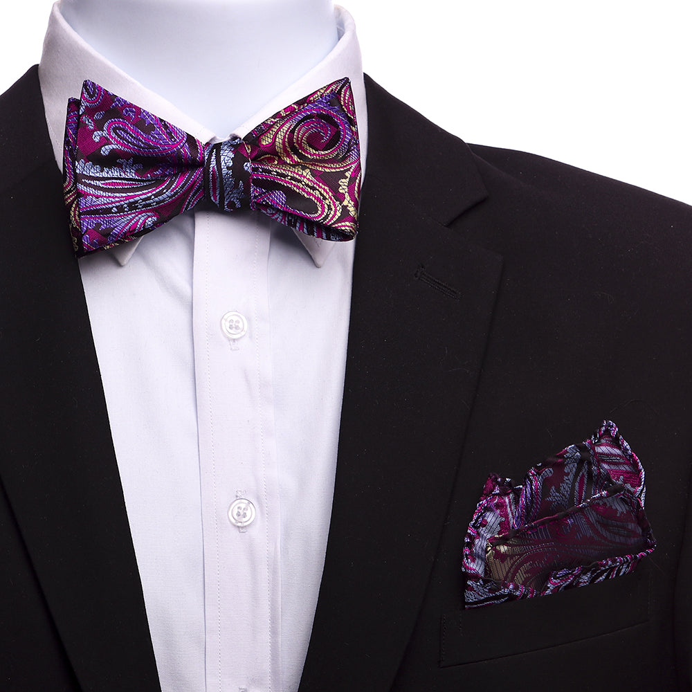 Men's Pink Gold Paisley Self Bow Tie with matching handkerchief in an elegant gift box.