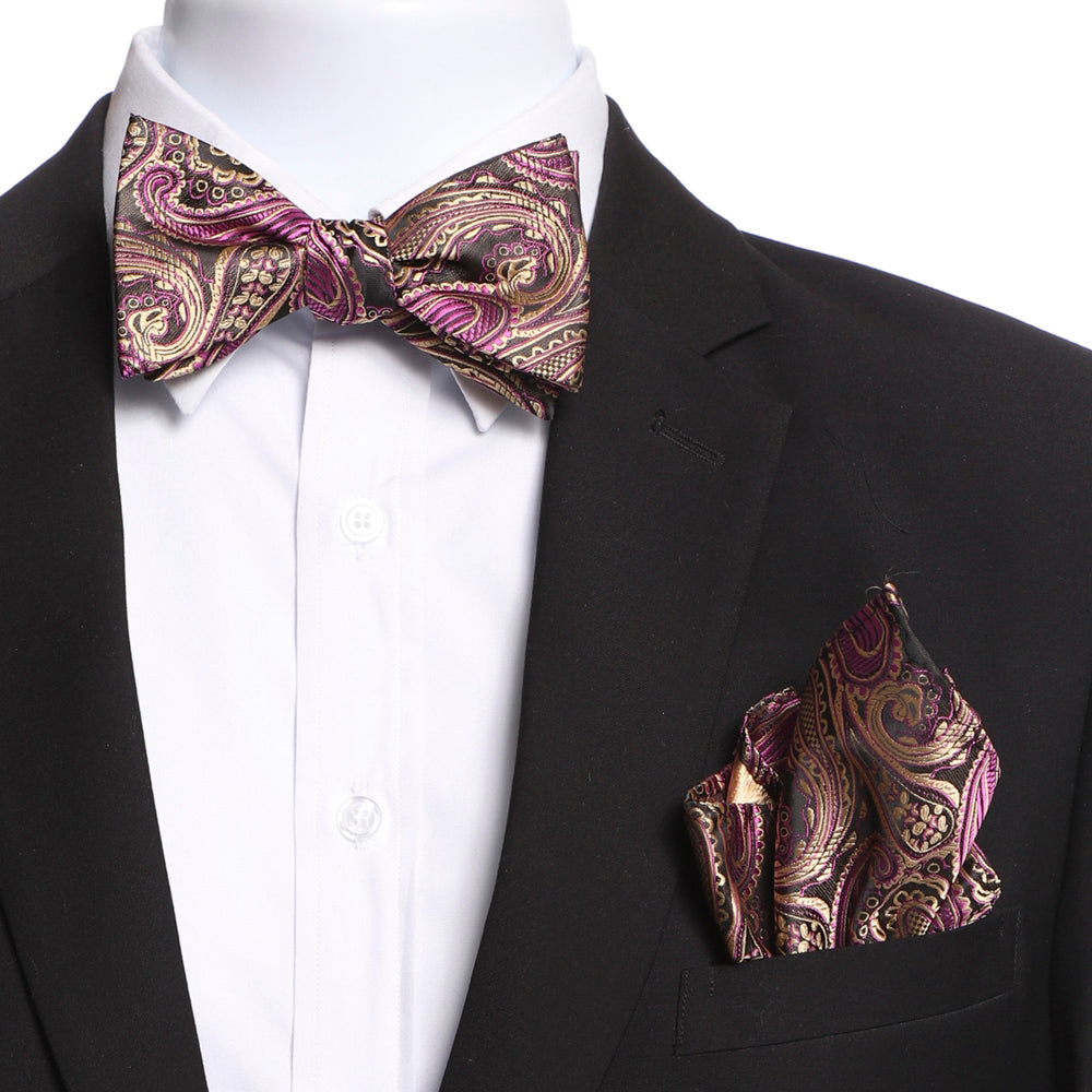 Men's Pink & Gold Paisley Self Bow Tie displayed elegantly with matching handkerchief in a gift box.