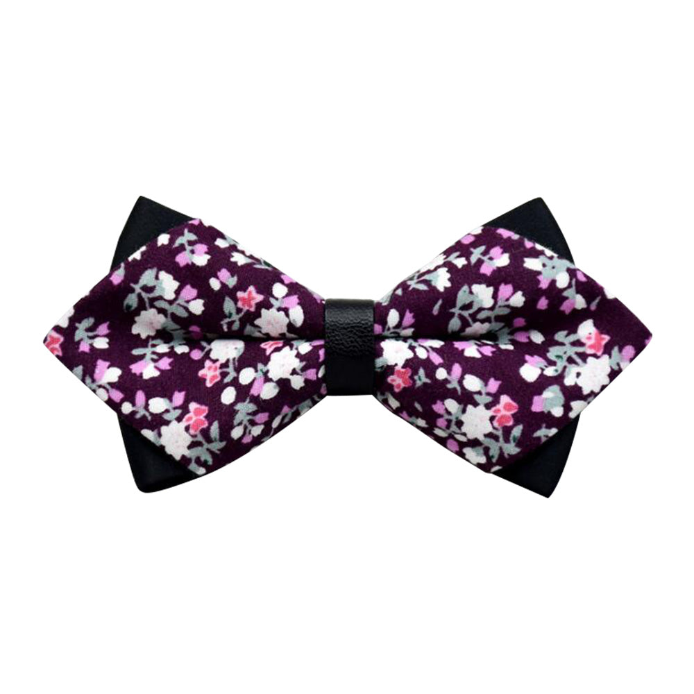 Men's Purple Pink Floral Pre-Tied Bow Tie made from 100% cotton, featuring a vibrant floral pattern, perfect for formal occasions.