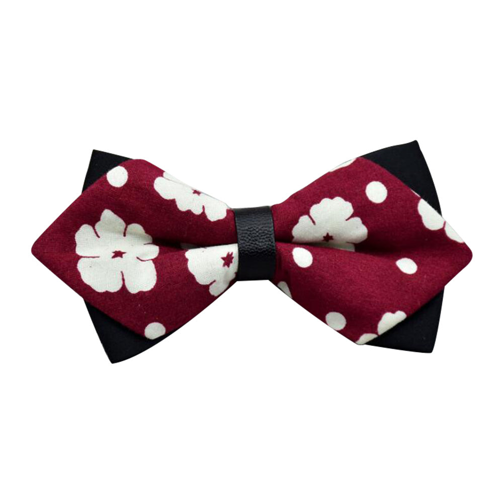 Men's pre-tied bow tie featuring a stylish red, black, and white dots pattern, perfect for formal occasions.