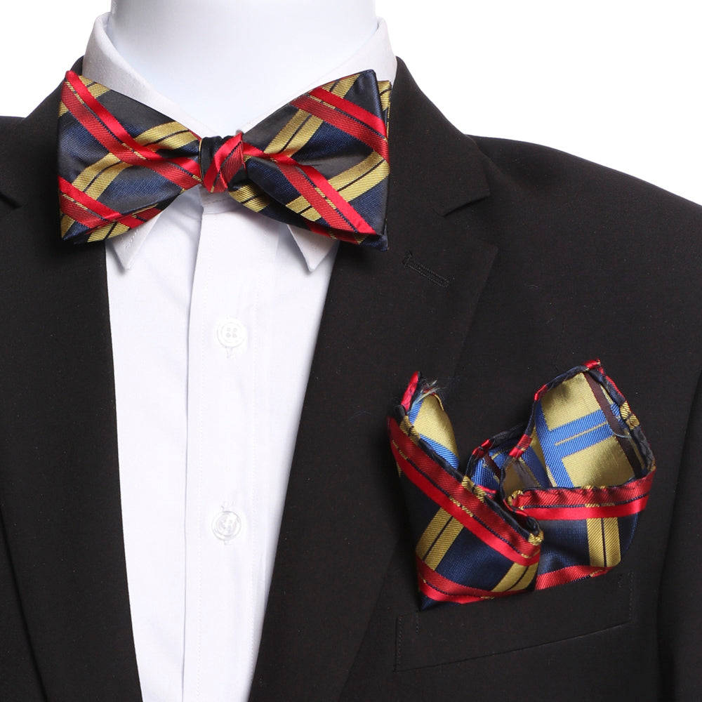 Amedeo Men's Red Black Yellow Self Bow Tie with matching handkerchief, elegantly displayed in a gift box.