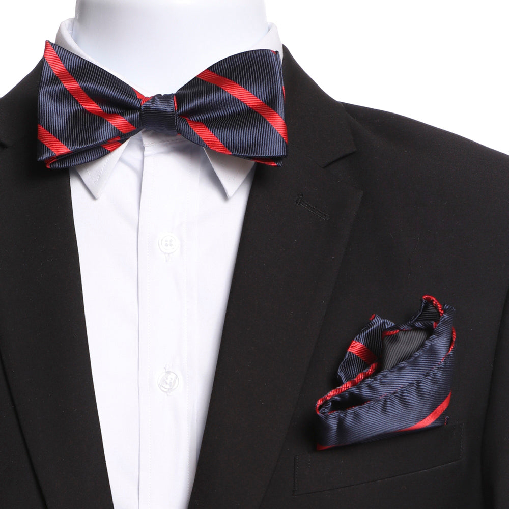 Amedeo Men's Red & Navy Blue Self Bow Tie with matching handkerchief, elegantly displayed in a gift box.