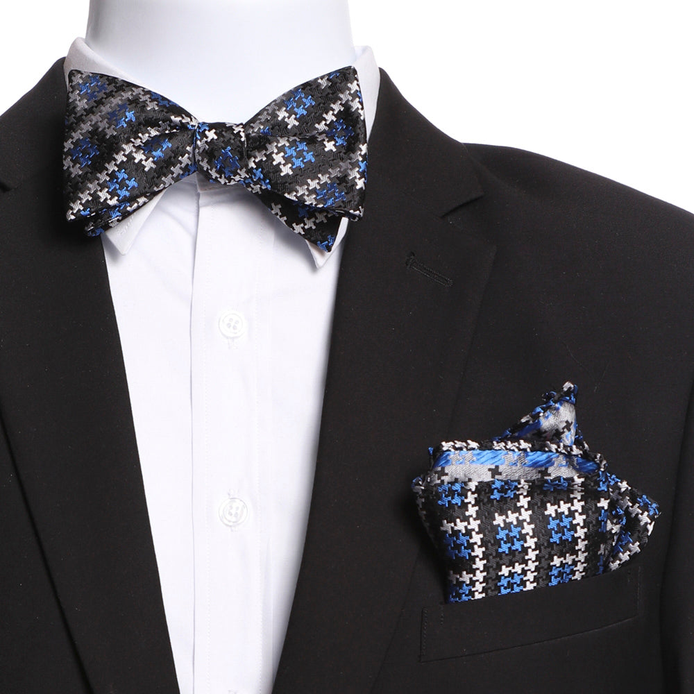 Amedeo Men's Silk Self Bow Tie in black, white, and blue with matching handkerchief, elegantly displayed in a gift box.