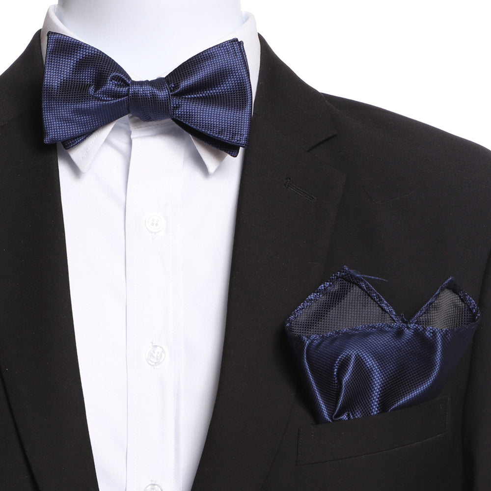 Amedeo Men's Silk Navy Blue Self Bow Tie with matching handkerchief, elegantly displayed in a gift box.