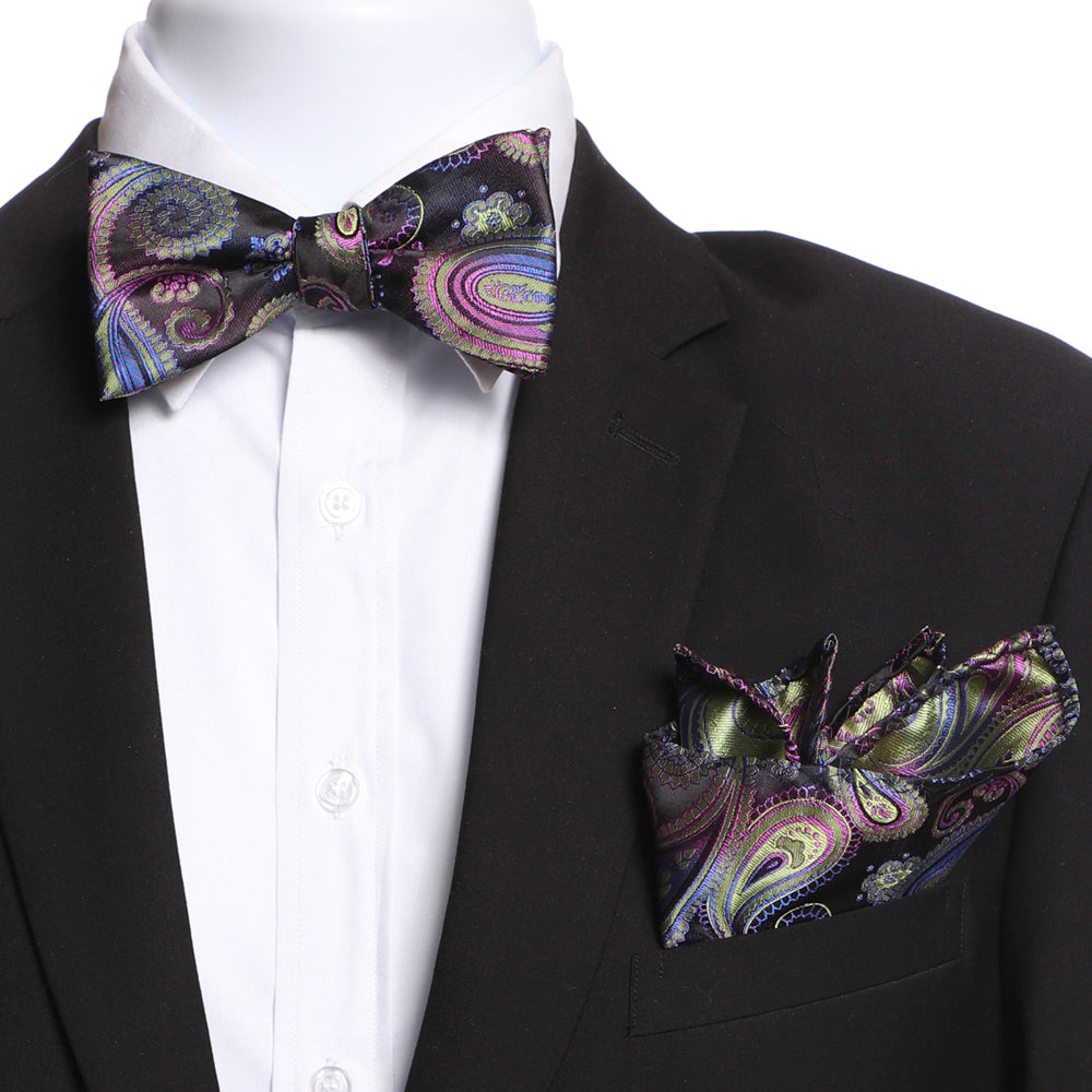 Men's Silk Rainbow Swirls Self Bow Tie displayed with matching handkerchief in an elegant gift box.