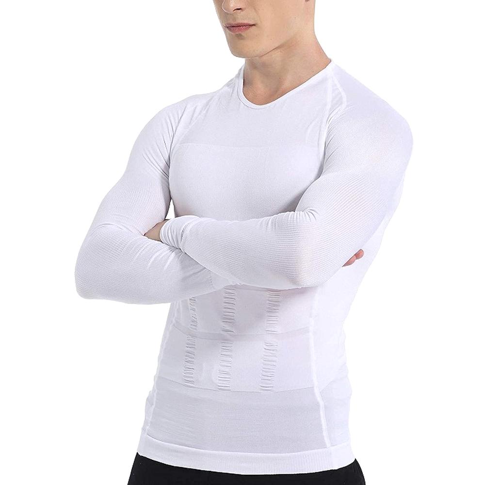 Men's slimming long-sleeved vest tummy shapewear in black and white, designed for a sleek and curvy silhouette.