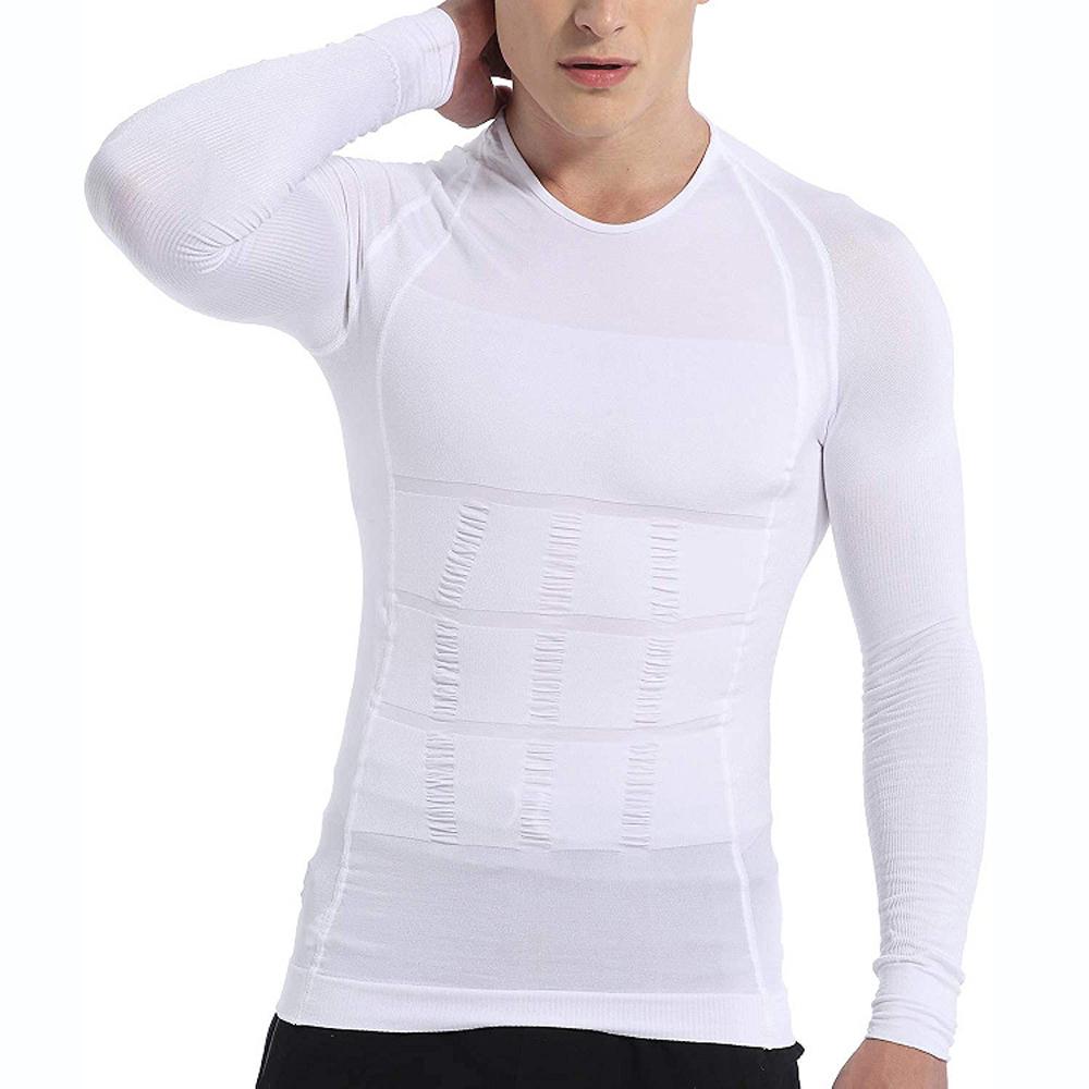 Men's slimming long-sleeved vest tummy shapewear in black and white, designed for a sleek and curvy silhouette.