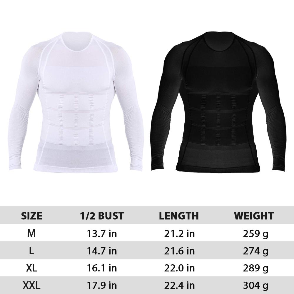 Men's slimming long-sleeved vest tummy shapewear in black and white, designed for a sleek and curvy silhouette.