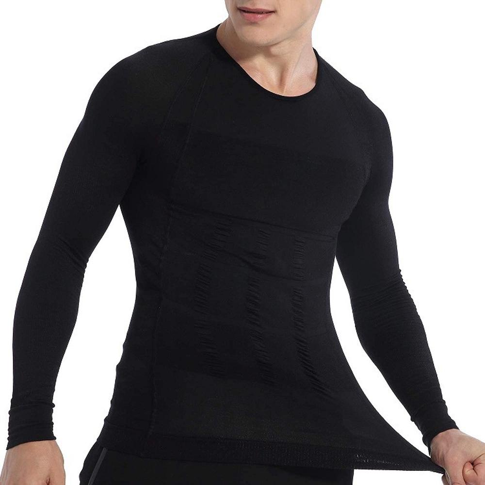 Men's slimming long-sleeved vest tummy shapewear in black and white, designed for a sleek and curvy silhouette.