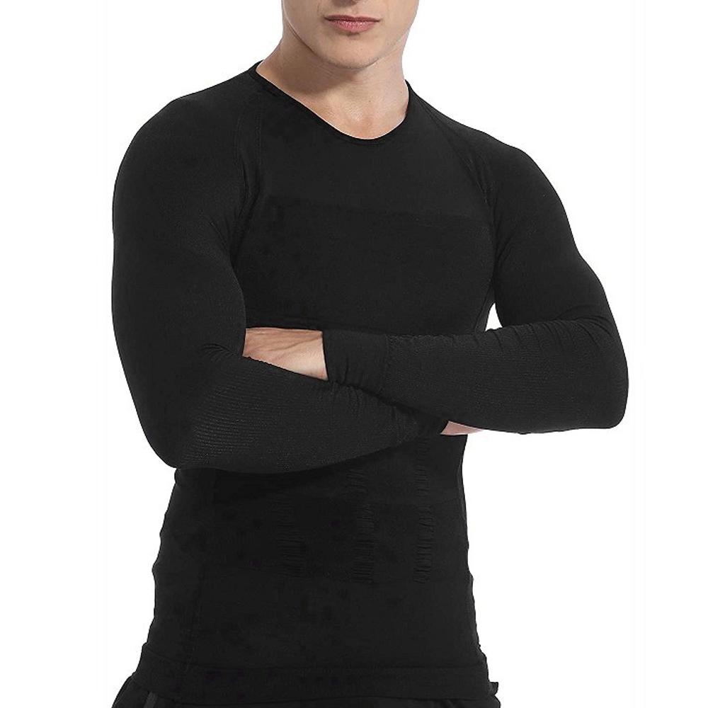 Men's slimming long-sleeved vest tummy shapewear in black and white, designed for a sleek and curvy silhouette.