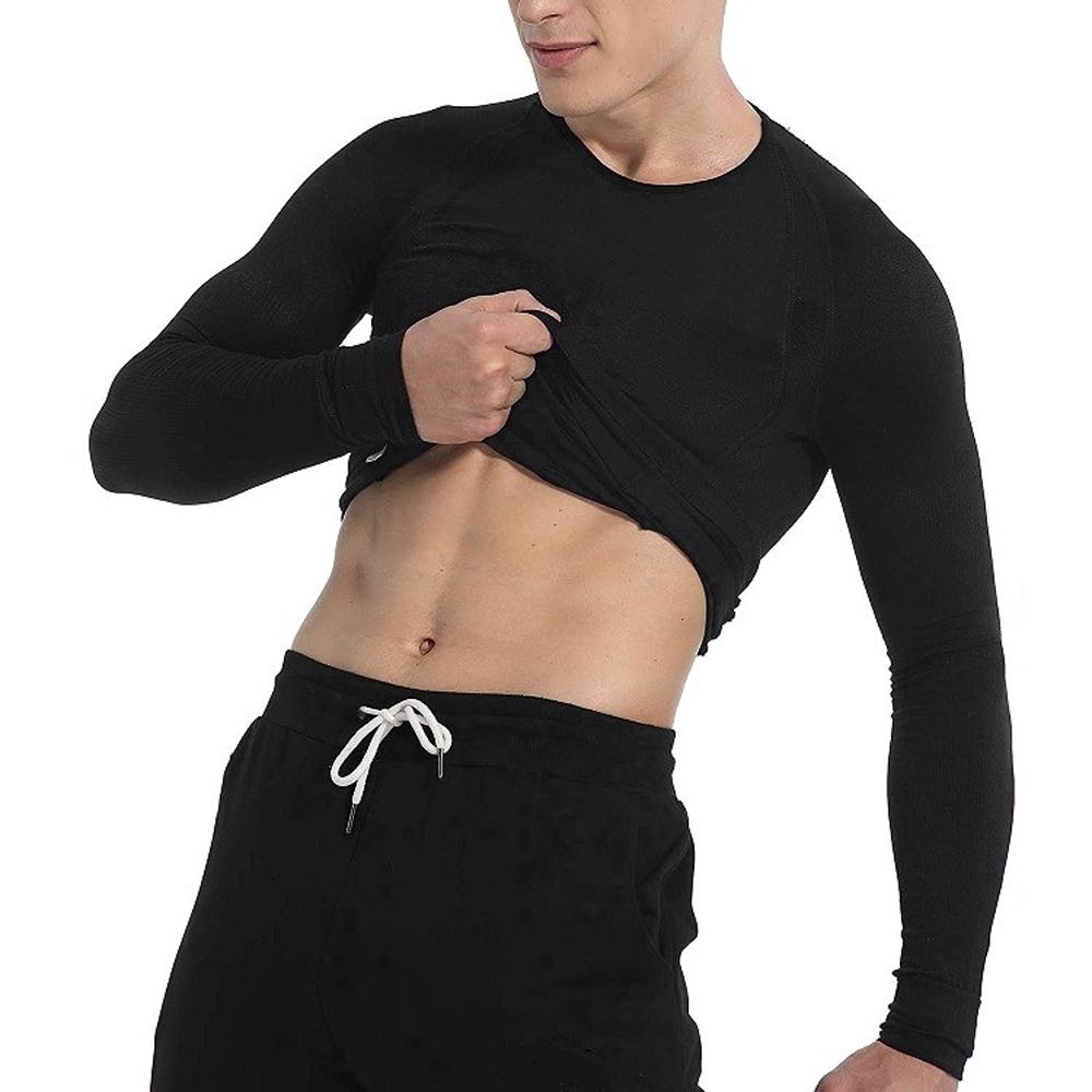 Men's slimming long-sleeved vest tummy shapewear in black and white, designed for a sleek and curvy silhouette.