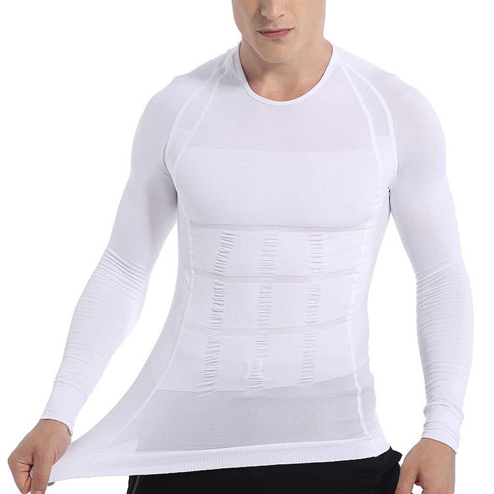 Men's slimming long-sleeved vest tummy shapewear in black and white, designed for a sleek and curvy silhouette.