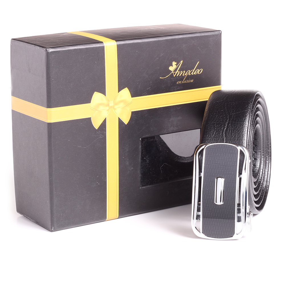 Men's Smart Ratchet No Holes Automatic Buckle Belt in Black with brushed chrome buckle, showcasing its elegant design and adjustable features.